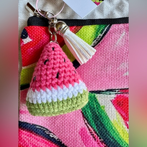 New Pink & Red Watermelon Makeup Cosmetic Tech Pencil Bag w/ Crochet Charm - 9” - Picture 3 of 9